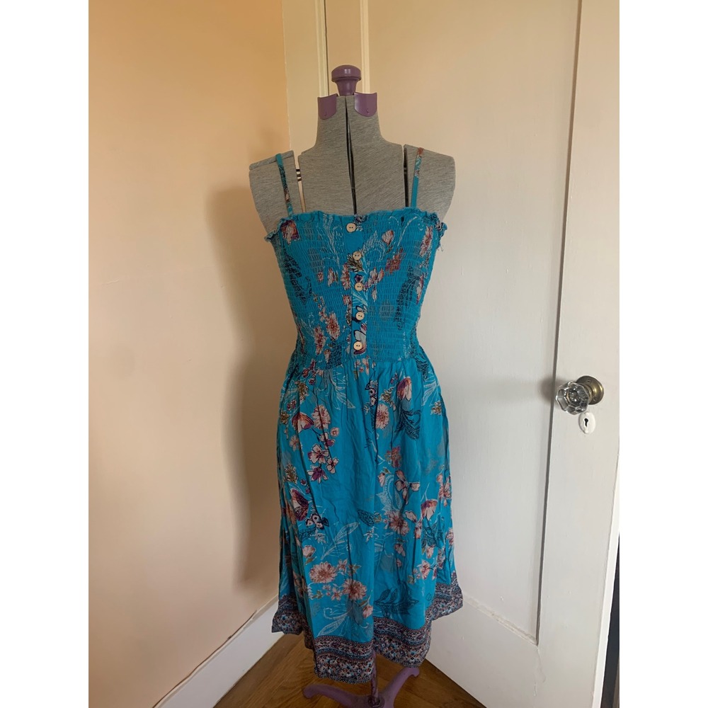 Floral Smocked S Midi Dress Blue Wooden Buttons Boho Sun Casual Rayon Flowy